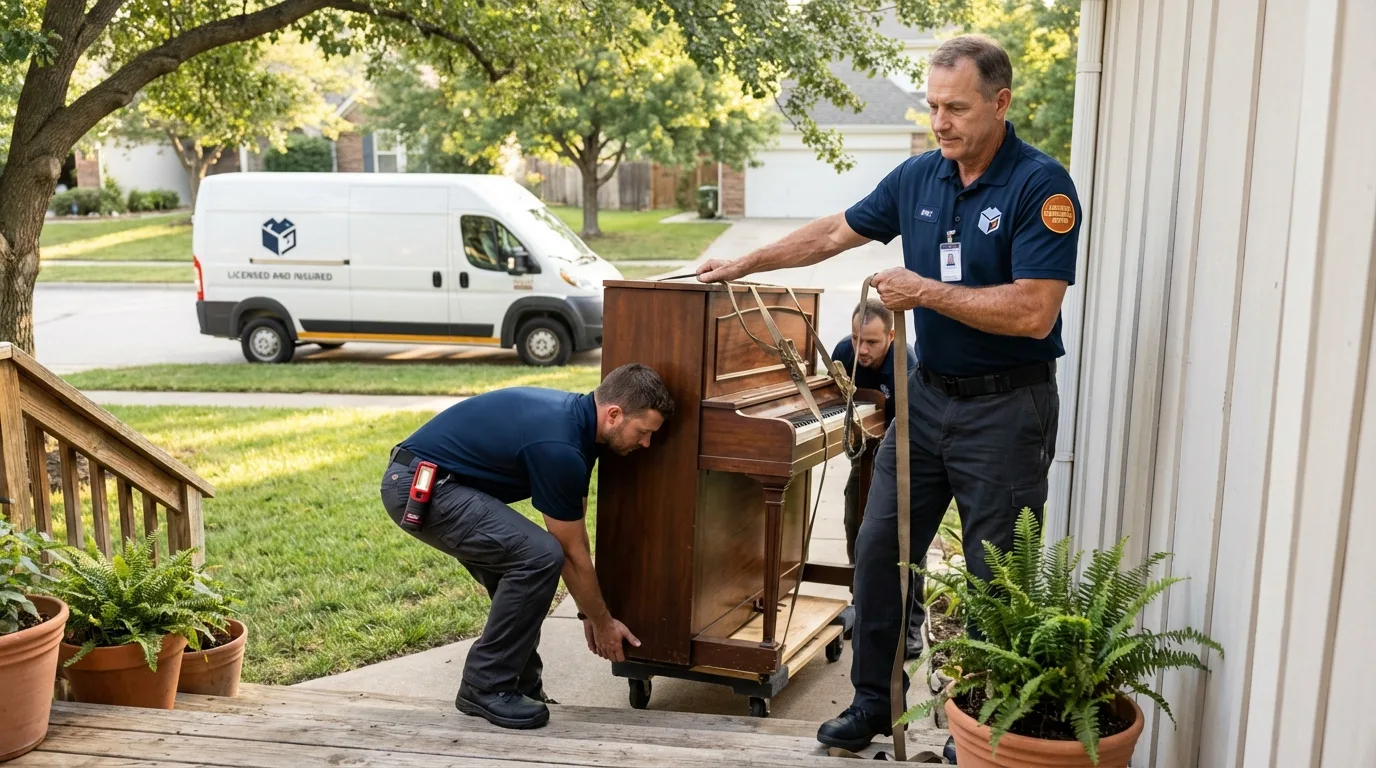 Licensed piano movers securing grand piano in Auburn, AL