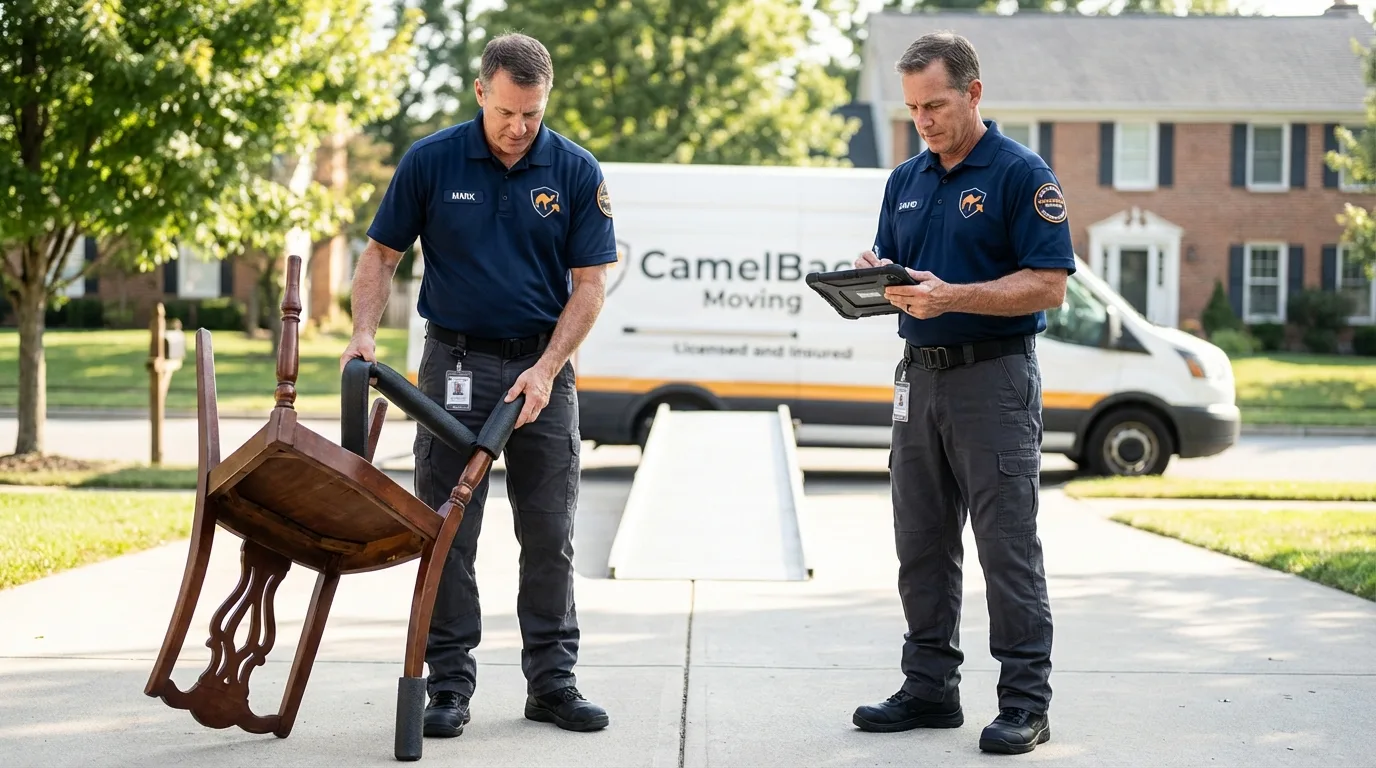 Movers inspecting furniture for damage prevention before loading in Auburn, AL